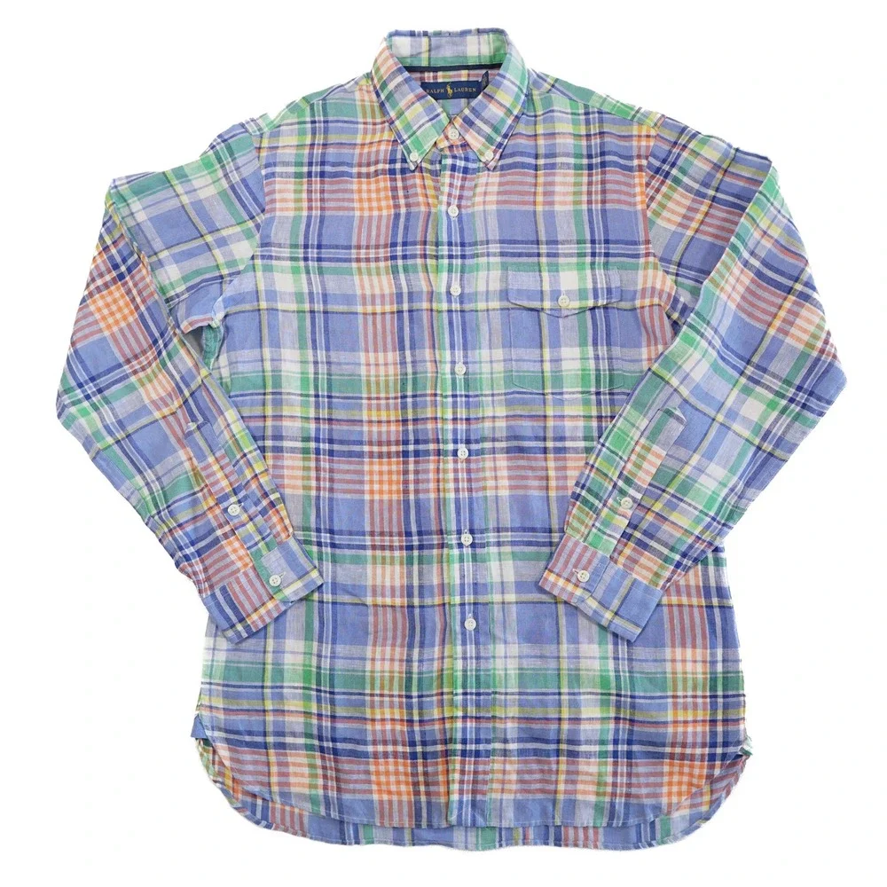 RALPH LAUREN Men's SP 100% Linen Madras Long Sleeve Button Down Dress Shirt - Picture 2 of 7